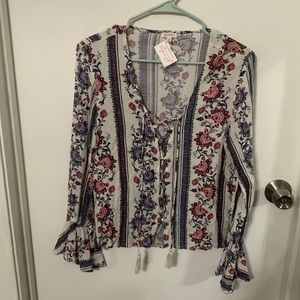 Floral Lace Up Bell Sleeve Top